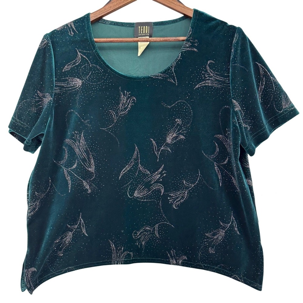 VTG 90s Teddi Evening Green Velvet Floral Top SZ 12 Short Sleeve DEADSTOCK Xmas